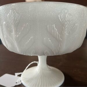 White Milk Glass Pedestal Compote with Leaf Motif